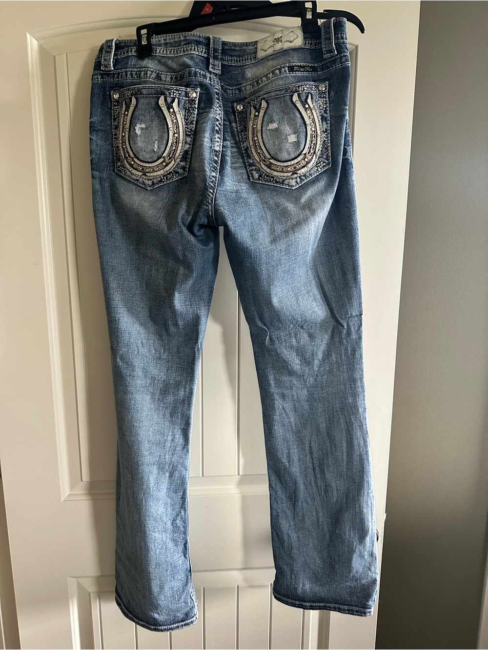 Miss Me Light Blue Straight Leg Jeans with Embellished Horseshoe Pockets